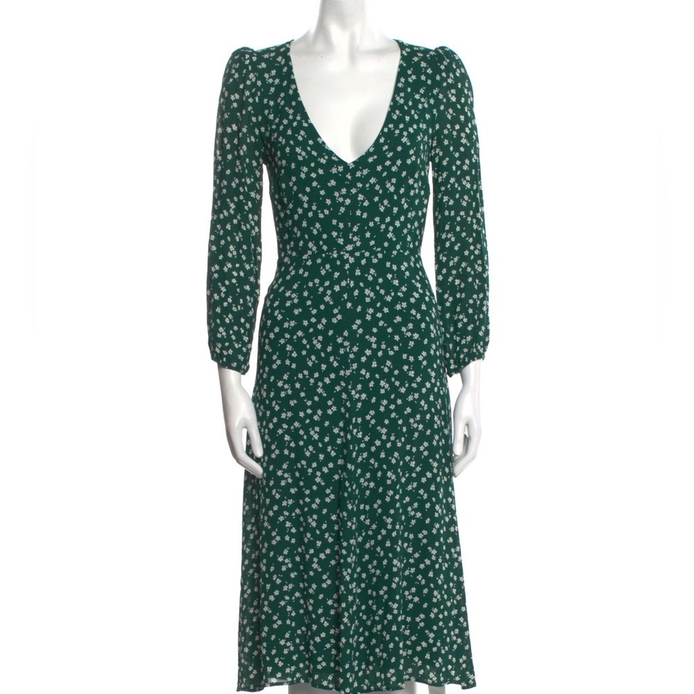 REFORMATION Susanna Wrap Dress - Dark Green Floral Long Sleeve